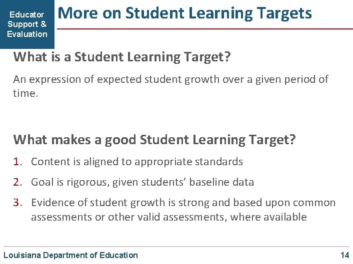 Educator Support & Evaluation More on Student Learning Targets What is a Student Learning