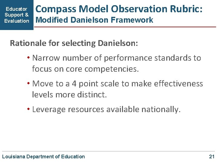 Educator Support & Evaluation Compass Model Observation Rubric: Modified Danielson Framework Rationale for selecting