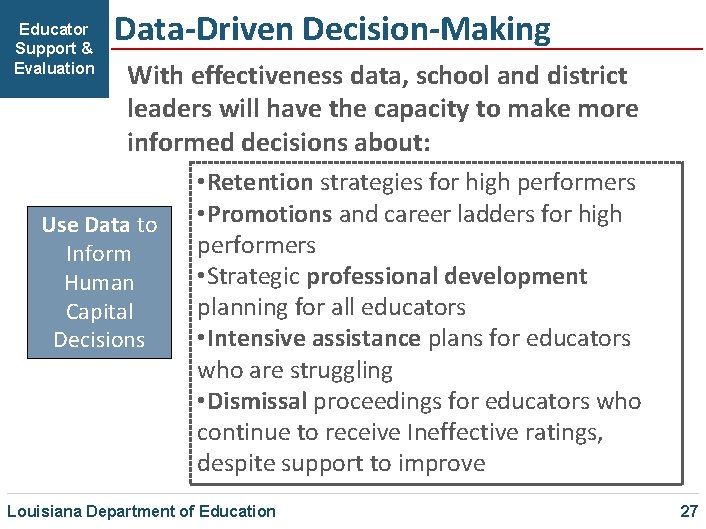 Educator Support & Evaluation Data-Driven Decision-Making With effectiveness data, school and district leaders will