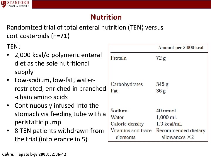 Nutrition Randomized trial of total enteral nutrition (TEN) versus corticosteroids (n=71) TEN: • 2,