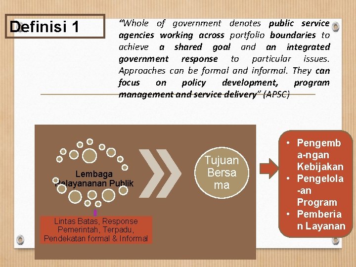 Definisi 1 “Whole of government denotes public service agencies working across portfolio boundaries to