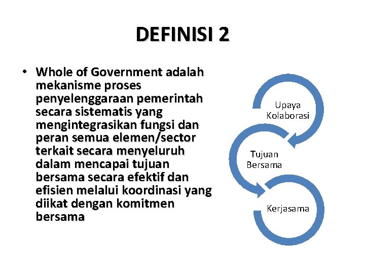 DEFINISI 2 • Whole of Government adalah mekanisme proses penyelenggaraan pemerintah secara sistematis yang