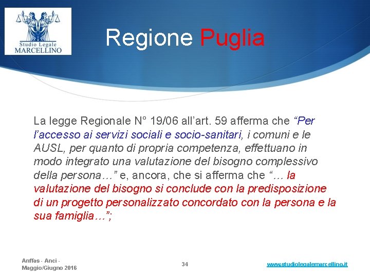 Regione Puglia La legge Regionale N° 19/06 all’art. 59 afferma che “Per l’accesso ai