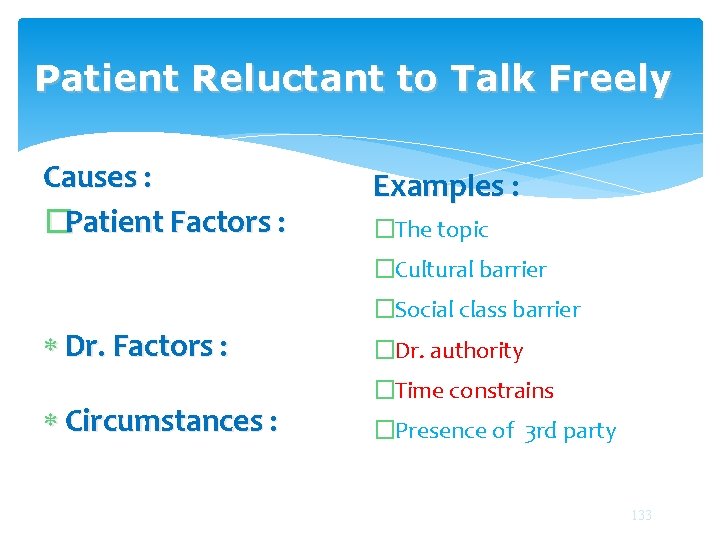 Patient Reluctant to Talk Freely Causes : �Patient Factors : Examples : �The topic