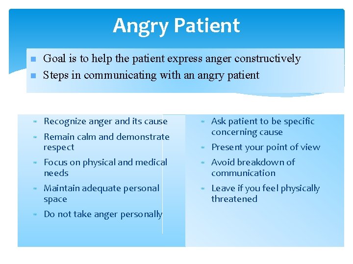 Angry Patient n n Goal is to help the patient express anger constructively Steps