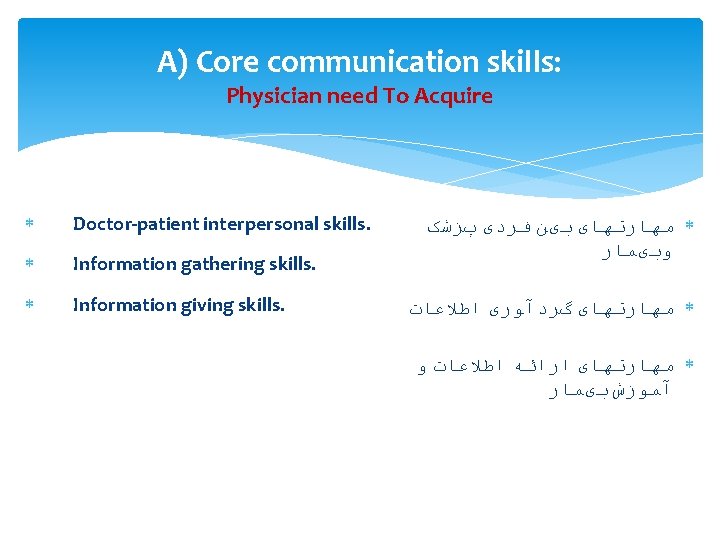 A) Core communication skills: Physician need To Acquire Doctor-patient interpersonal skills. Information gathering skills.