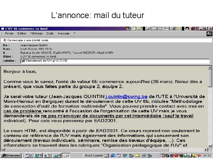 L’annonce: mail du tuteur 