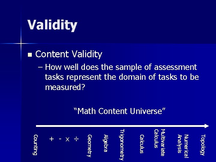 Validity n Content Validity – How well does the sample of assessment tasks represent