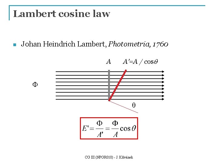 Lambert cosine law n Johan Heindrich Lambert, Photometria, 1760 A A’=A / cosq F