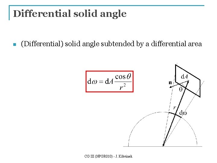 Differential solid angle n (Differential) solid angle subtended by a differential area CG III Differential solid angle n (Differential) solid angle subtended by a differential area CG III