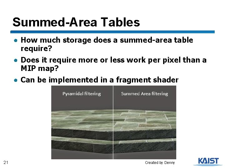 Summed-Area Tables ● How much storage does a summed-area table require? ● Does it