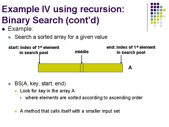 Example IV using recursion: Binary Search (cont’d) l Example: l Search a sorted array