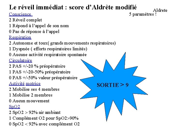 Le réveil immédiat : score d’Aldrète modifié Conscience 2 Réveil complet 1 Répond à
