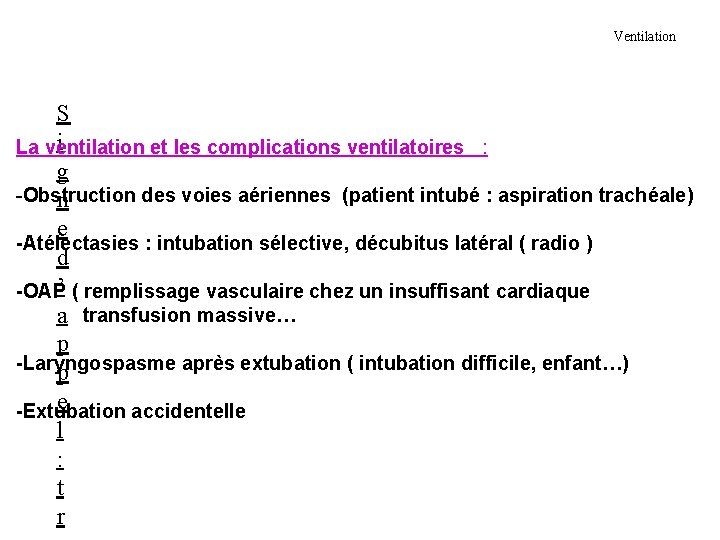 Ventilation S i La ventilation et les complications ventilatoires : g -Obstruction des voies