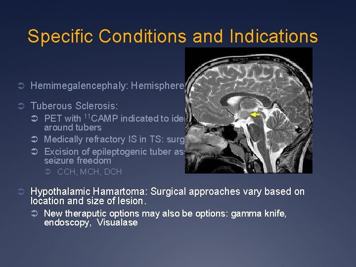 Specific Conditions and Indications Ü Hemimegalencephaly: Hemispherectomy Ü Tuberous Sclerosis: Ü PET with 11