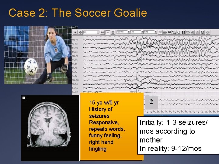 Case 2: The Soccer Goalie 15 yo w/5 yr History of seizures Responsive, repeats