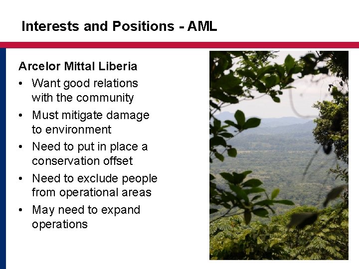 Interests and Positions - AML Arcelor Mittal Liberia • Want good relations with the