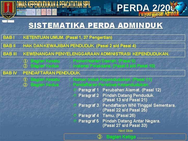 PERDA 2/2008 SISTEMATIKA PERDA ADMINDUK BAB I KETENTUAN UMUM. (Pasal 1, 37 Pengertian) BAB