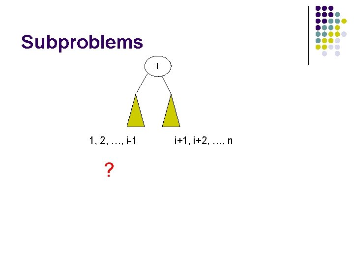 Subproblems i 1, 2, …, i-1 ? i+1, i+2, …, n 