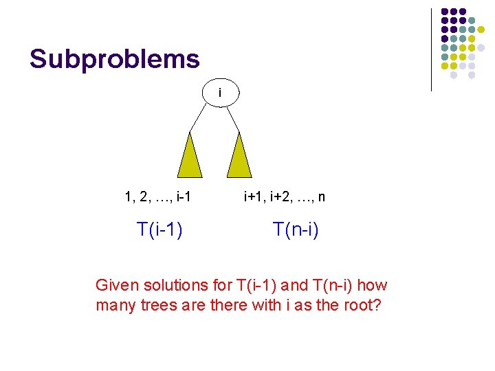 Subproblems i 1, 2, …, i-1 T(i-1) i+1, i+2, …, n T(n-i) Given solutions