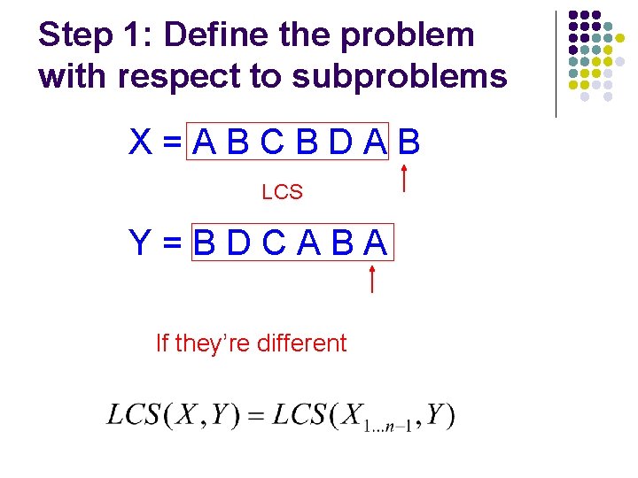 Step 1: Define the problem with respect to subproblems X=ABCBDAB LCS Y=BDCABA If they’re