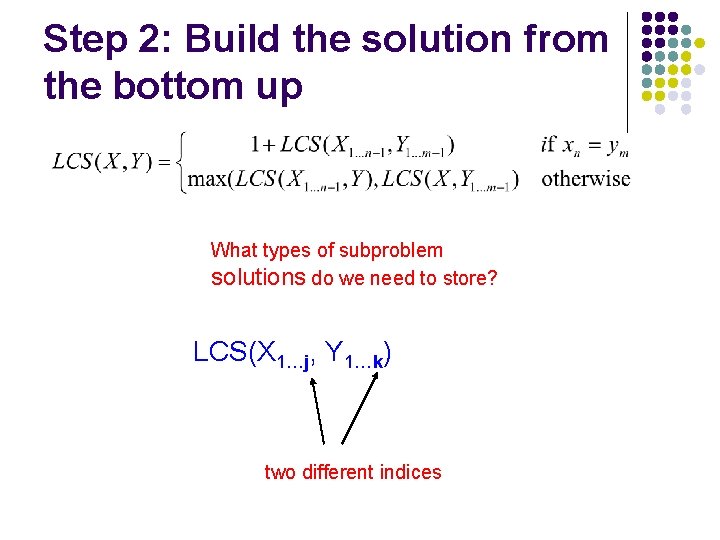 Step 2: Build the solution from the bottom up What types of subproblem solutions