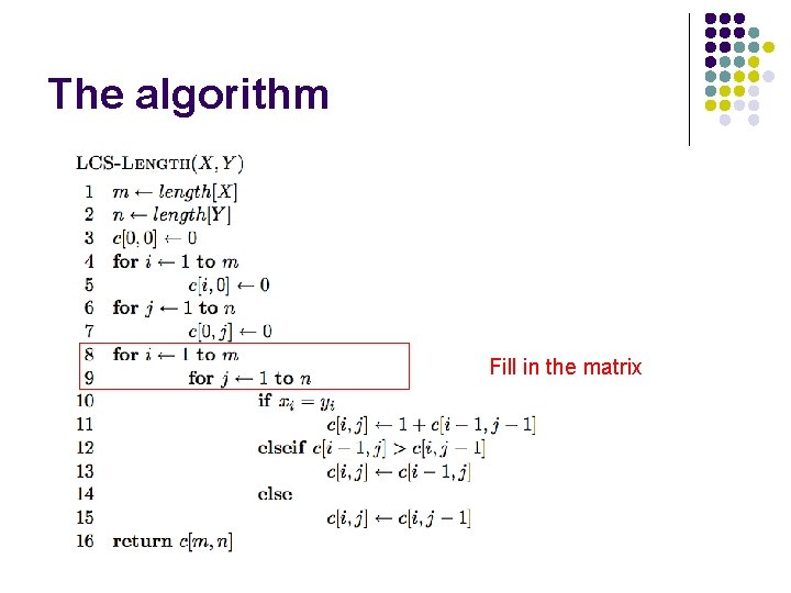 The algorithm Fill in the matrix 