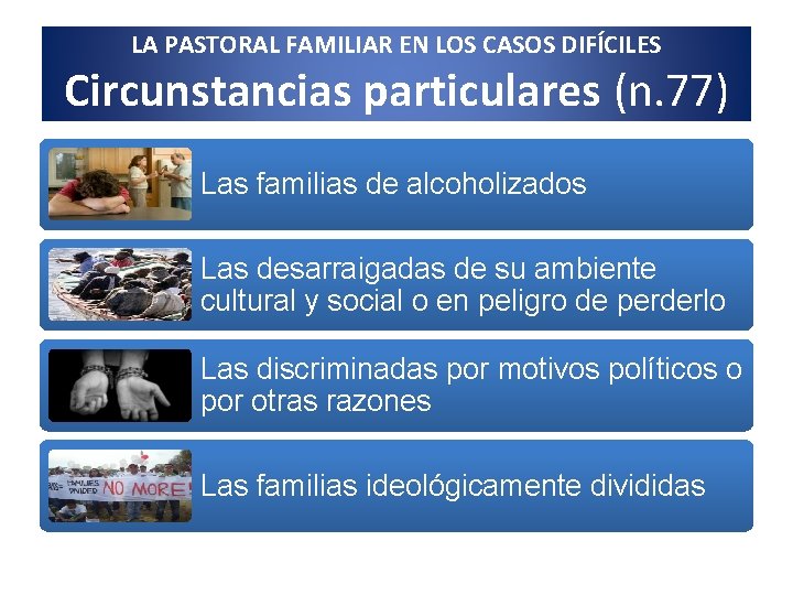 LA PASTORAL FAMILIAR EN LOS CASOS DIFÍCILES Circunstancias particulares (n. 77) Las familias de