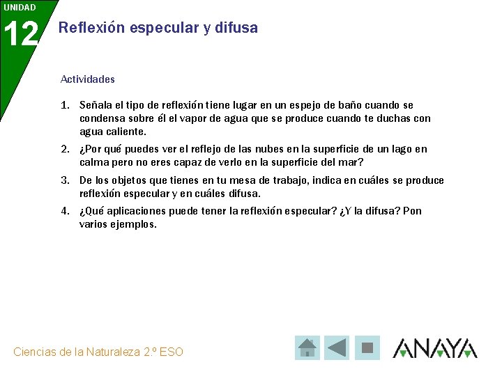 UNIDAD 12 Reflexión especular y difusa Actividades 1. Señala el tipo de reflexión tiene