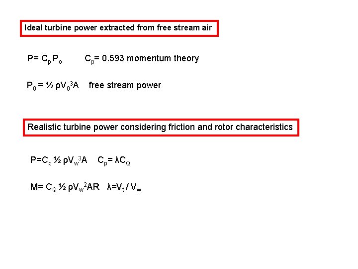 Ideal turbine power extracted from free stream air P= Cp Po Cp= 0. 593