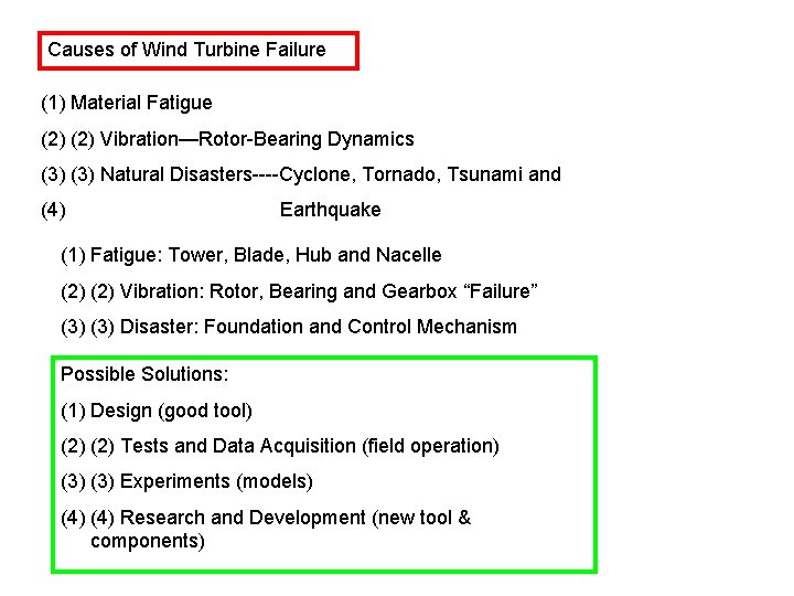 Causes of Wind Turbine Failure (1) Material Fatigue (2) Vibration—Rotor-Bearing Dynamics (3) Natural Disasters----Cyclone,