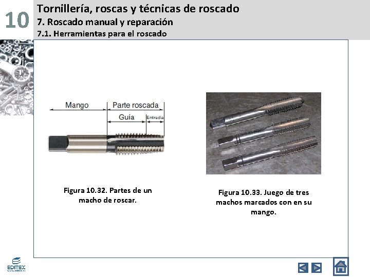 10 Tornillería, roscas y técnicas de roscado 7. Roscado manual y reparación 7. 1.