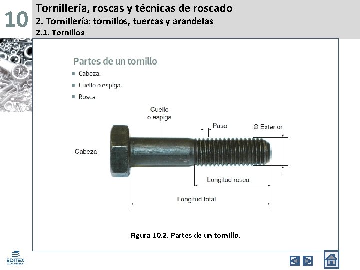 10 Tornillería, roscas y técnicas de roscado 2. Tornillería: tornillos, tuercas y arandelas 2.