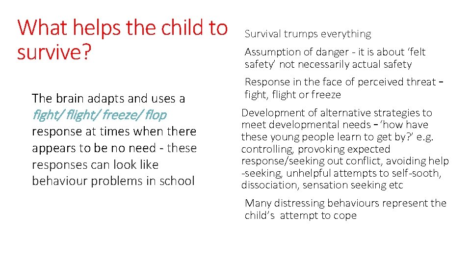 What helps the child to survive? The brain adapts and uses a fight/ flight/