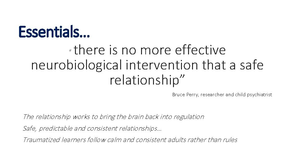 Essentials… there is no more effective neurobiological intervention that a safe relationship” “ Bruce