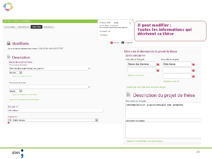 Il peut modifier : Toutes les informations qui décrivent sa thèse 29 