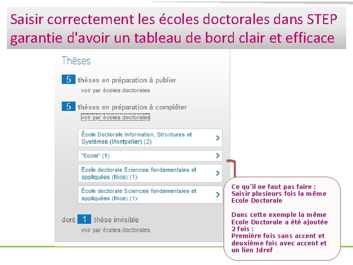 Saisir correctement les écoles doctorales dans STEP garantie d'avoir un tableau de bord clair