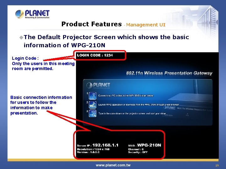 Product Features - Management UI u. The Default Projector Screen which shows the basic