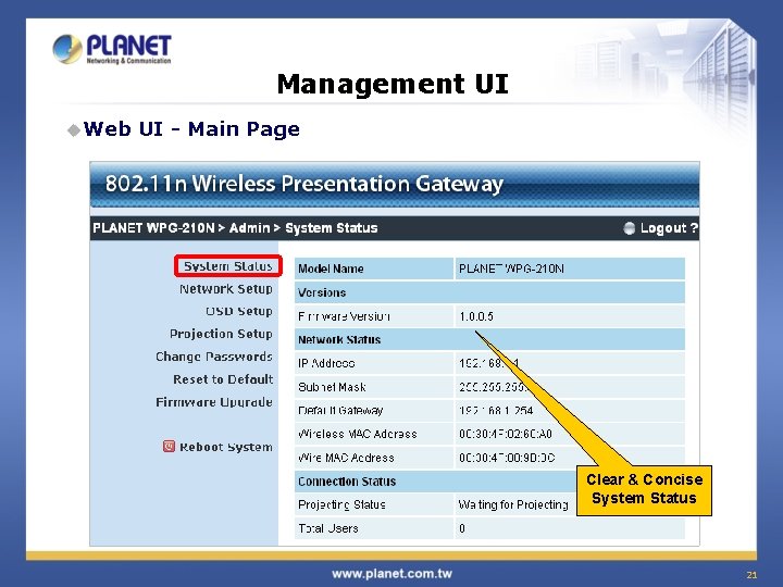 Management UI u. Web UI - Main Page Clear & Concise System Status 21