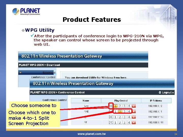 Product Features u. WPG Utility üAfter the participants of conference login to WPG-210 N