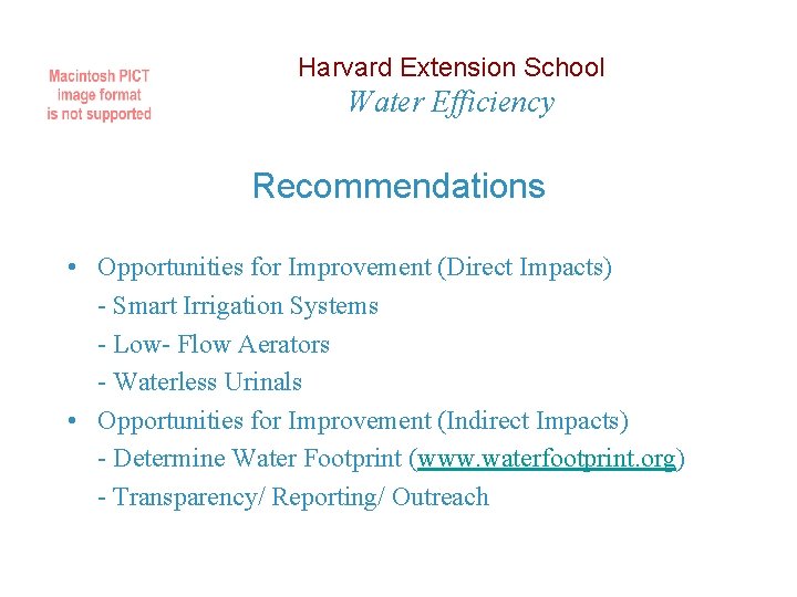 Harvard Extension School Water Efficiency Recommendations • Opportunities for Improvement (Direct Impacts) - Smart