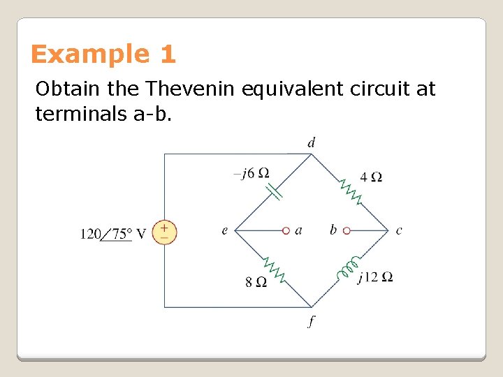 Example 1 Obtain the Thevenin equivalent circuit at terminals a-b. 