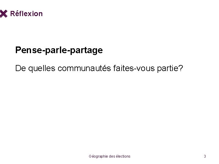 Réflexion Pense-parle-partage De quelles communautés faites-vous partie? Géographie des élections 3 