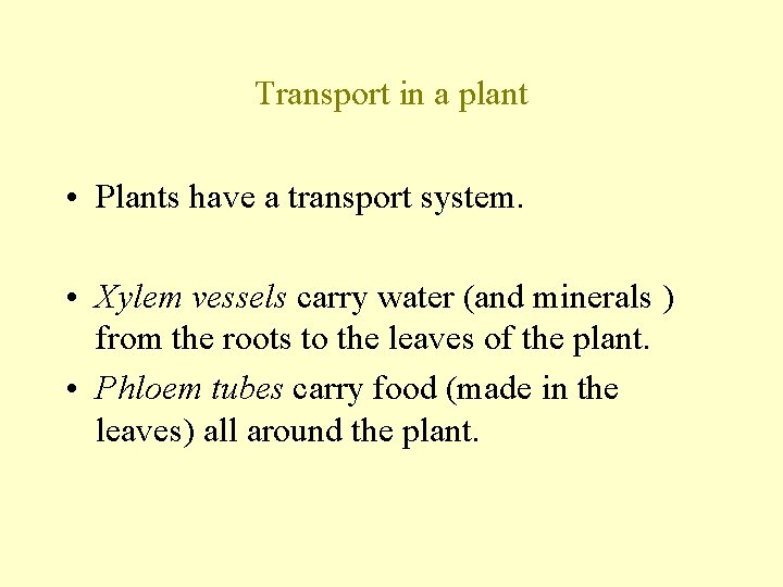 Transport in a plant • Plants have a transport system. • Xylem vessels carry