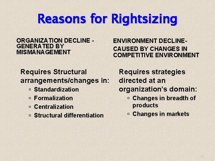 Reasons for Rightsizing ORGANIZATION DECLINE GENERATED BY MISMANAGEMENT Requires Structural arrangements/changes in: Standardization Formalization