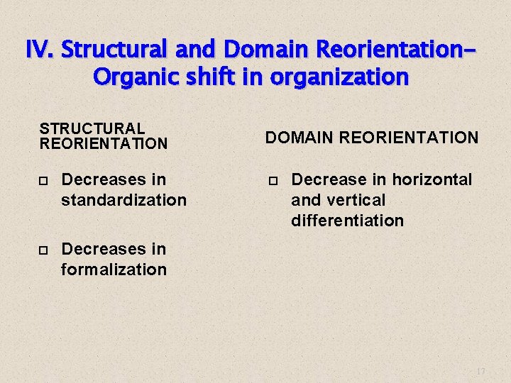 IV. Structural and Domain Reorientation. Organic shift in organization STRUCTURAL REORIENTATION Decreases in standardization
