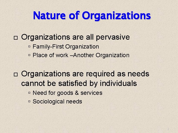 Nature of Organizations are all pervasive Family-First Organization Place of work –Another Organizations are