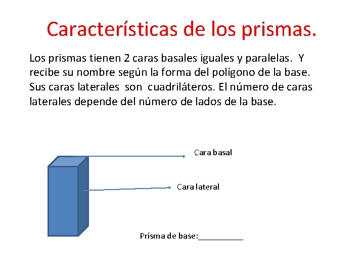 Características de los prismas. Los prismas tienen 2 caras basales iguales y paralelas. Y