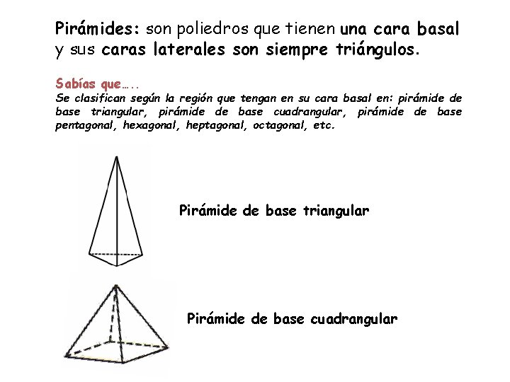 Pirámides: son poliedros que tienen una cara basal y sus caras laterales son siempre