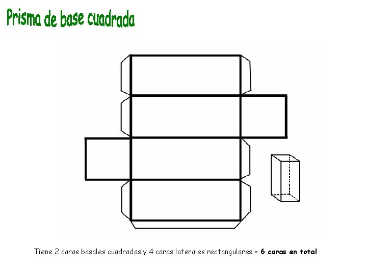 Tiene 2 caras basales cuadradas y 4 caras laterales rectangulares = 6 caras en